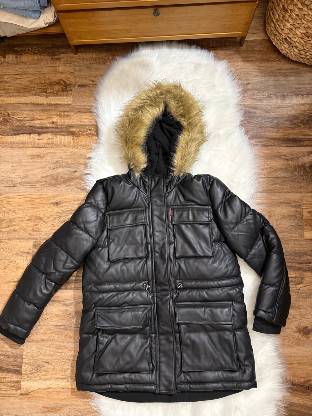 Levi’s Black Faux Leather Puffer Parka with Faux Fur Hood Size L NWOT